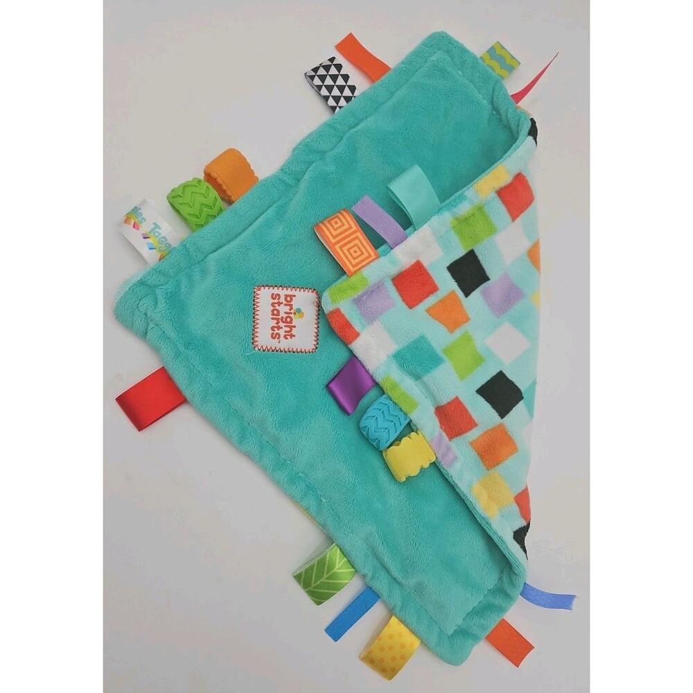 Bright Starts TAGGIES Lovey Security Baby Blanket Plush Checks Tags 11" x 11"